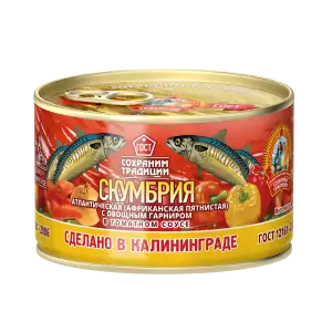 Скумбрия атлантическая (африканская) с овощным гарниром в томатном соусе, ГОСТ, 240 г, ключ
